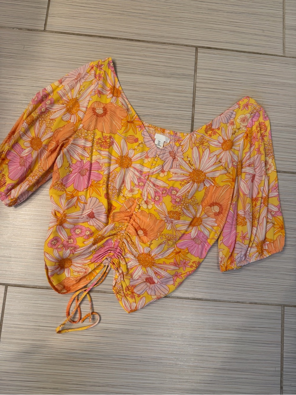 H&M Yellow and Pink Floral Drawstring Crop Top